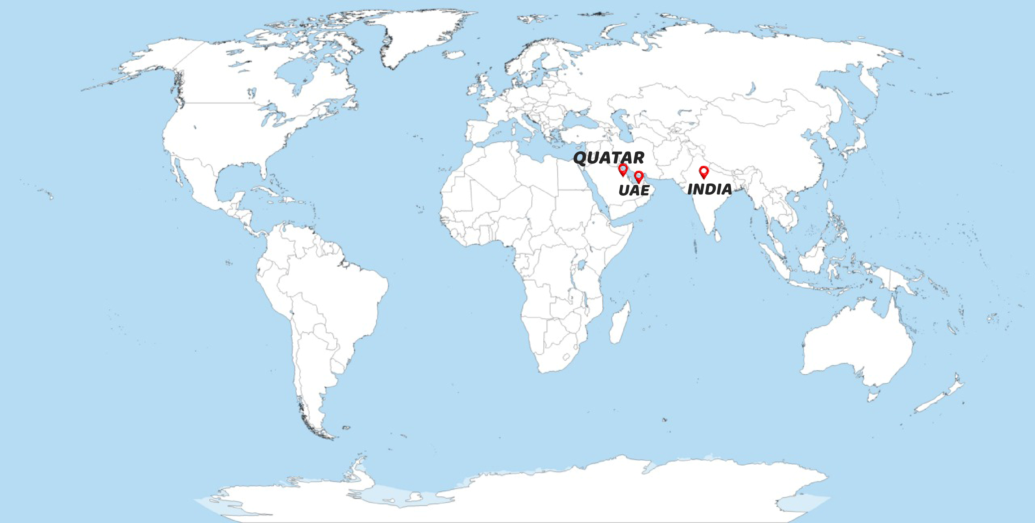 World map with Qatar, UAE and India locations